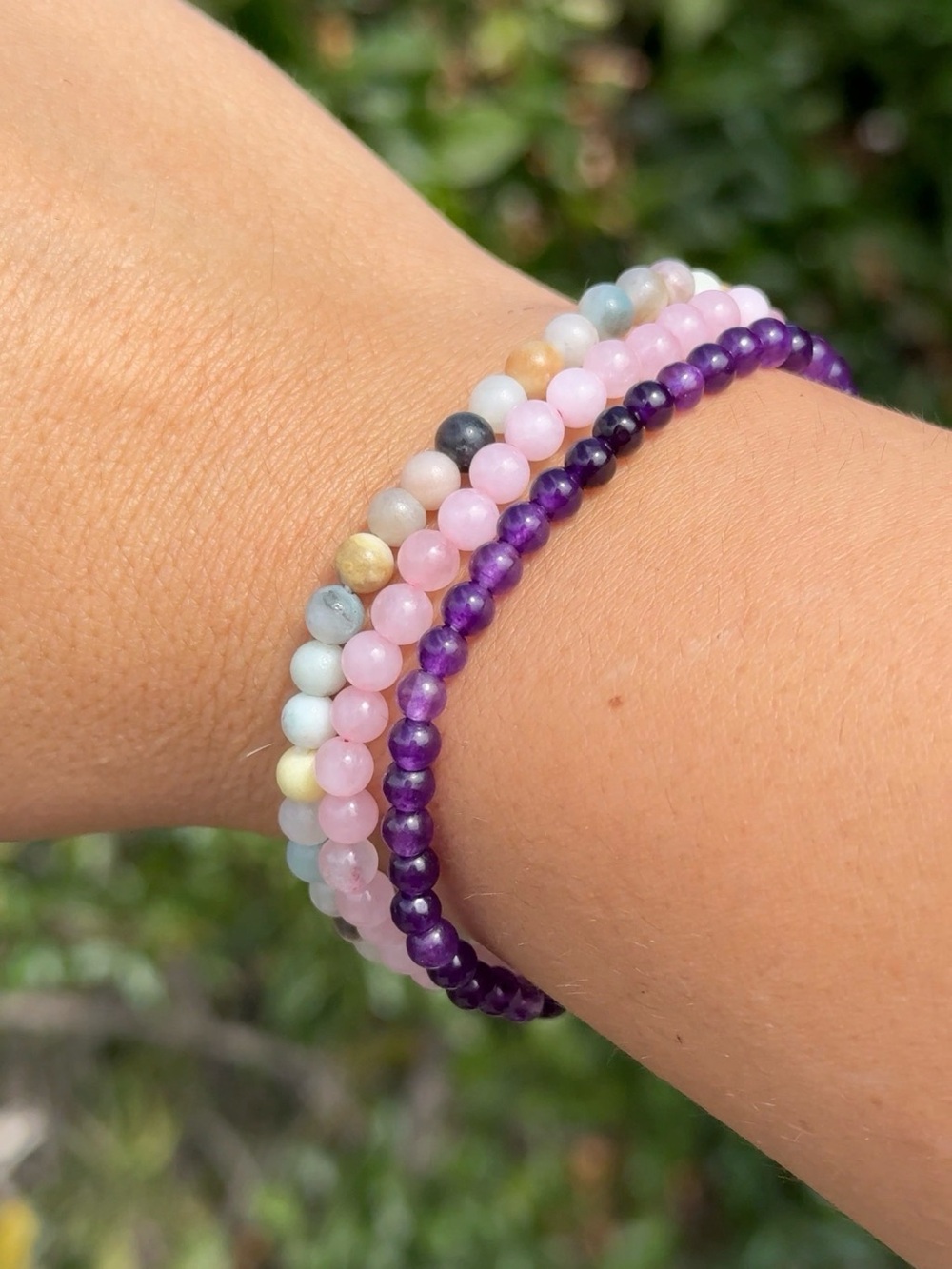 3 Pack Dainty Crystal Bracelets - Amethyst Rose Quartz Amazonite